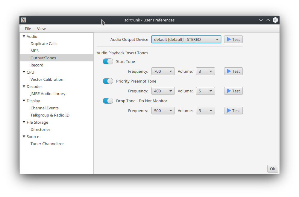 Image of the user preferences editor with the Audio category and the Output/Tones editor pane showing