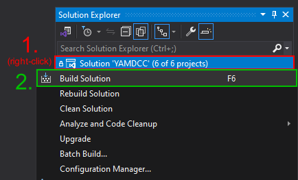 Cropped screenshot of Visual Studio, showing how to build all of YAMDCC