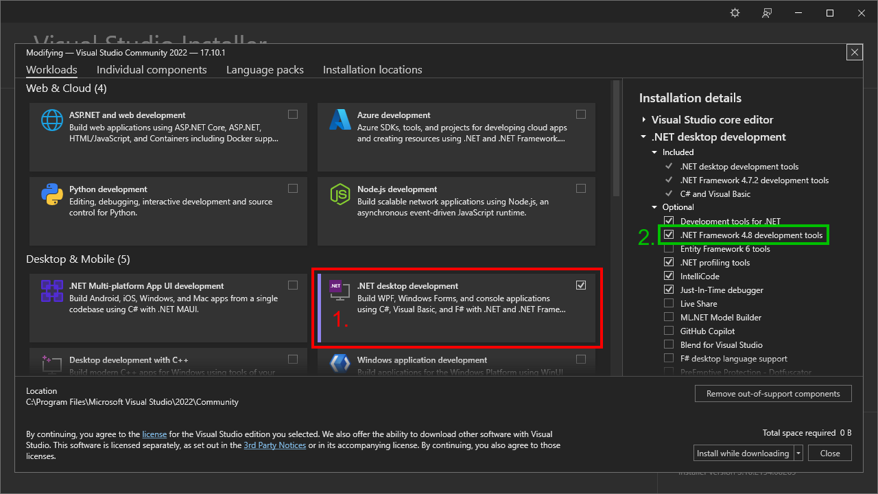 Screenshot of the Visual Studio installer, showing which dependencies to install