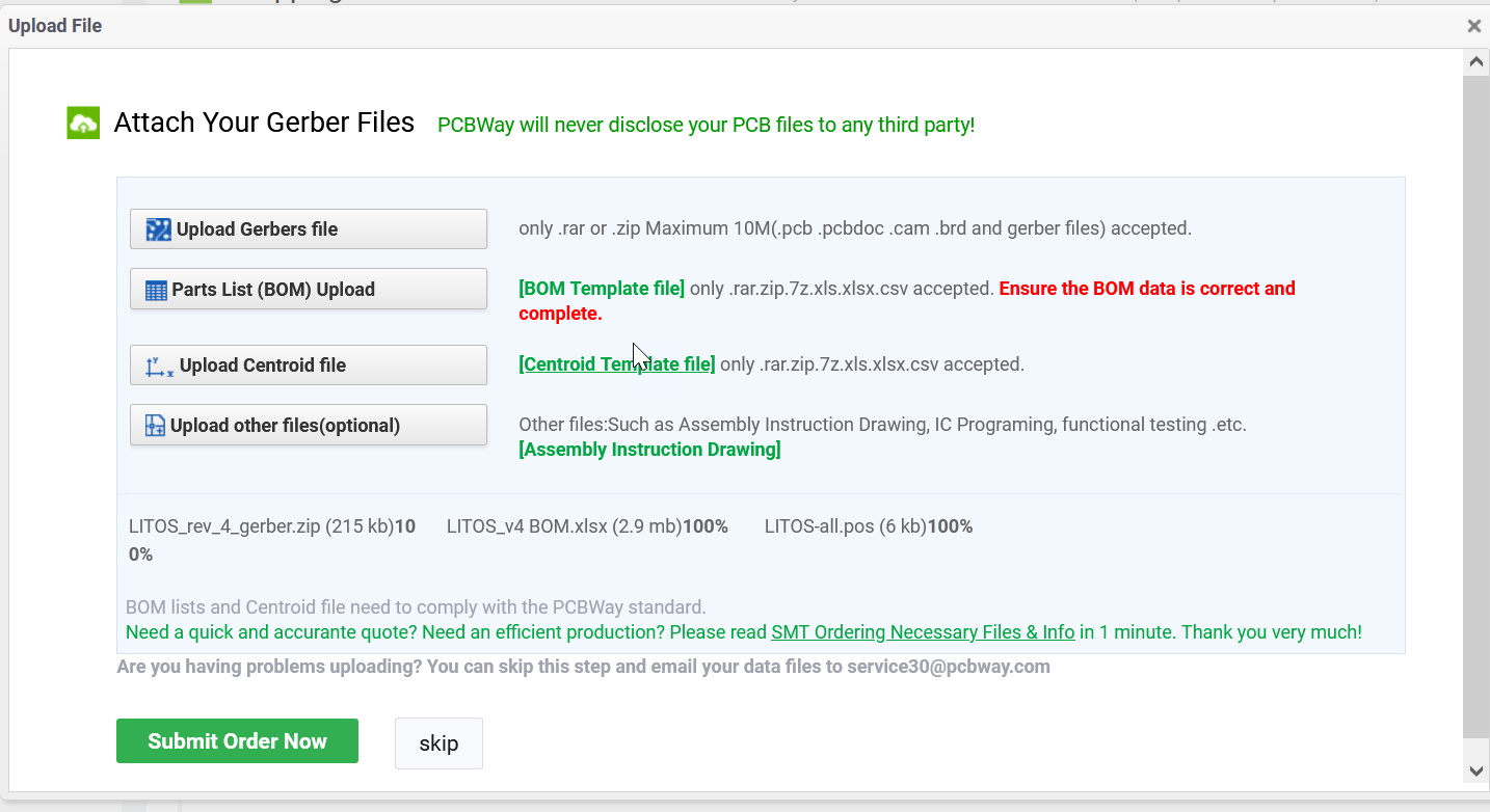 Upload of gerbers, BOM and positioning file