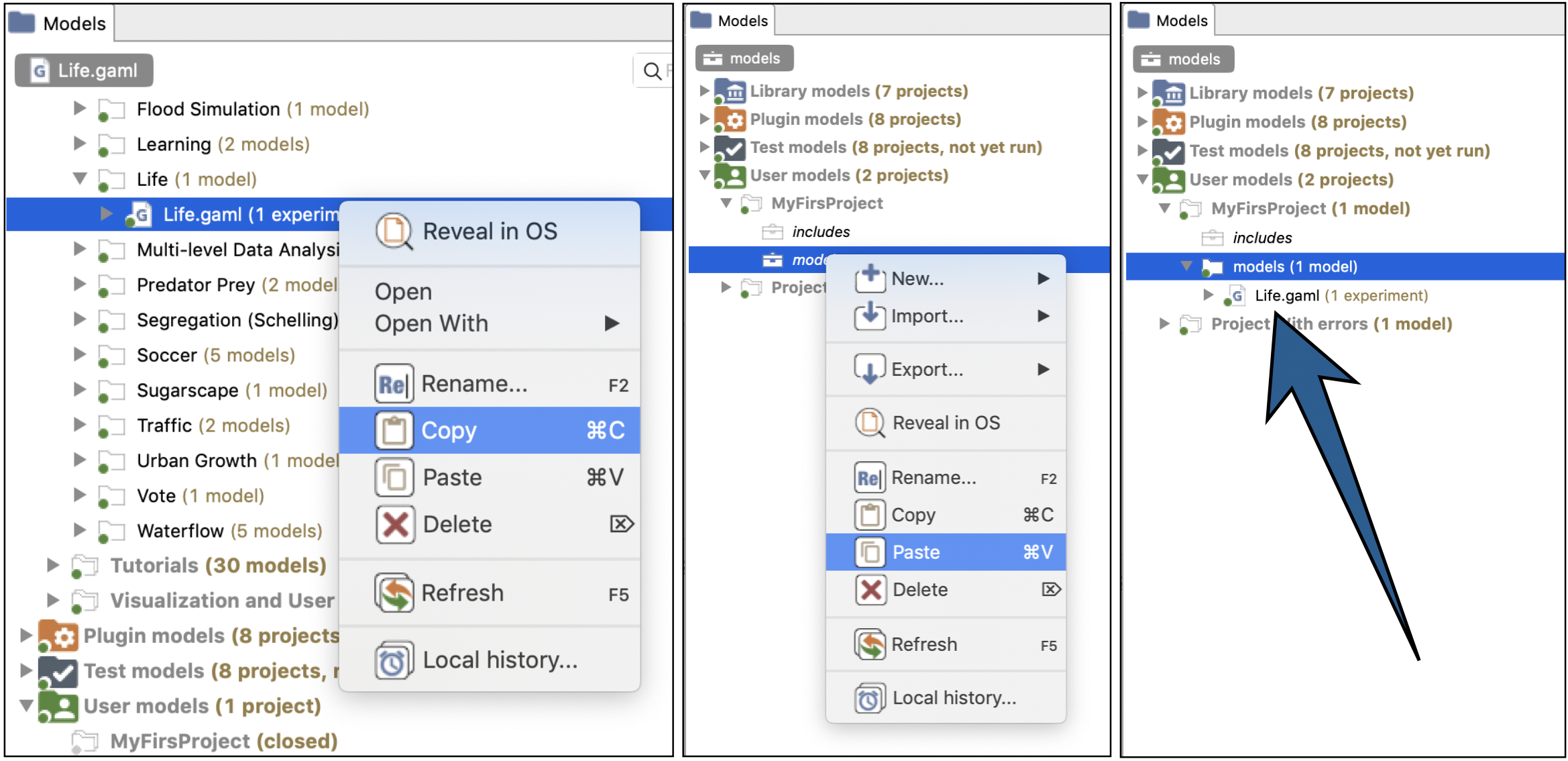 Copy and paste a model anywhere in the Navigator.