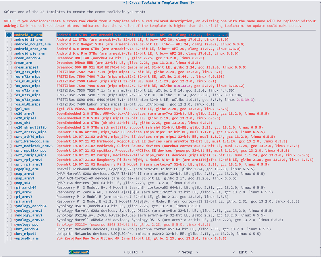 s3tup cross toolchain template menu