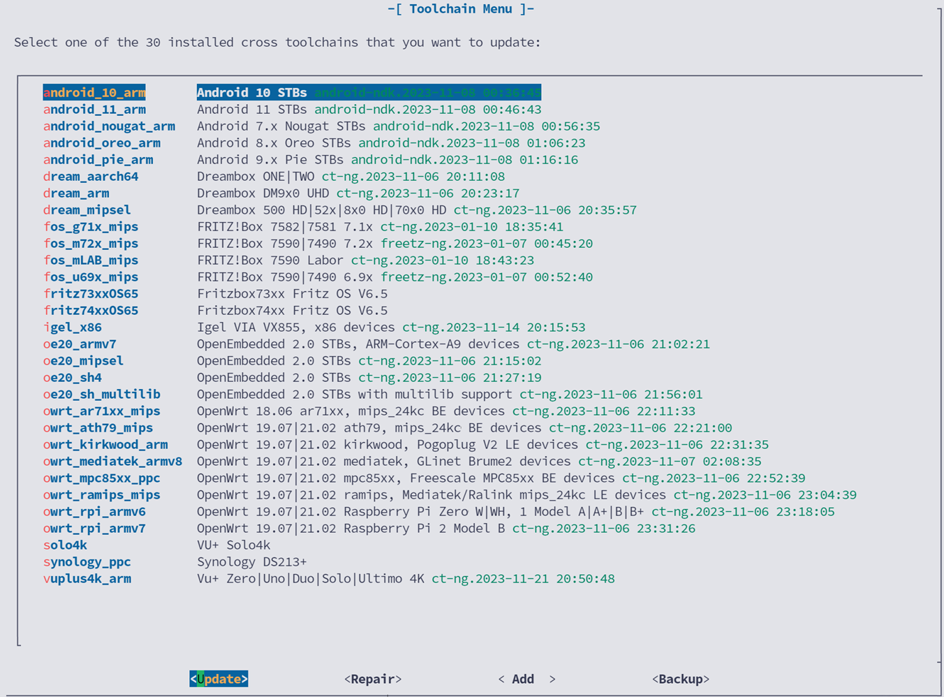 s3tup toolchain menu