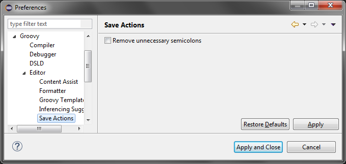 Save Actions preferences page